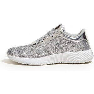 Brand New Women Silver Rubber LUCKY STEP Glitter Metallic Sparkly Tennis Shoes
